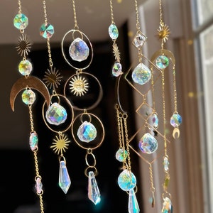 Set of 6 Suncatchers, Crystal Moon Hanging Sun Catchers, Rainbow Maker, Gold Suncatcher Set, Gift for Best Friend