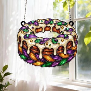 King Cake Stained Glass Suncatcher, Mardi Gras Window Hanging Decor, Colorful Carnival Dessert Sun Catcher Gift for Home