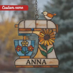 Acrylic Window Hanging Mixer, Faux Stained Glass Kitchen Art, Floral Bird Suncatcher, Home Decor Gift For Bakers And Chefs