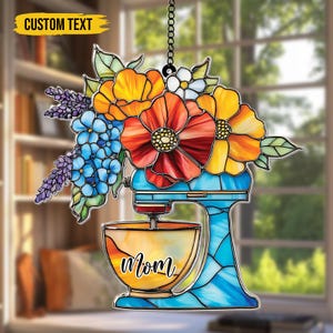 Personalized Stand Mixer Floral Arylic Suncatcher, Baker Window Hanging, Kitchen Decor