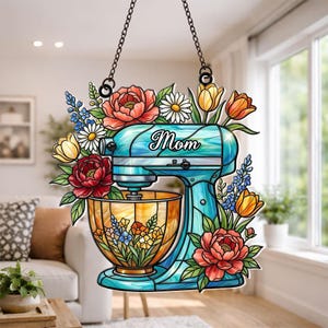 Personalized Baking Mixer Suncatcher Mom Gift Floral Acrylic Window Decor