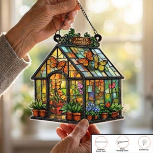 Personalized Garden's Name Greenhouse With Plants Acrylic Suncatcher,Custom Butterfly & Flower Acrylic Window Hanging Gift For Mom Gardeners