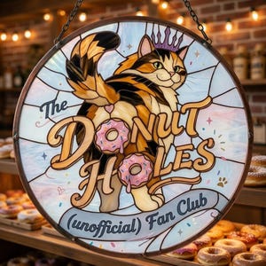 Donut Cat Stained Glass Suncatcher, Whimsical Cat Lover Kitchen Decor