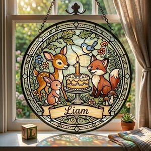 Personalized Birthday Stained Glass Suncatcher, Forest Animals Cake Design, Ideal Gift for Baby Boy, Nursery Decor