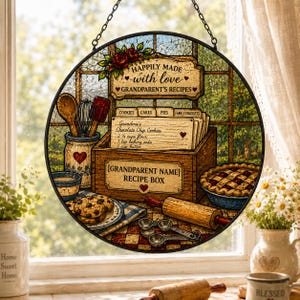Custom Grandparent Recipe Box Suncatcher,Personalized Family Recipe Window Hanging,Grandma Kitchen Decor,Baking Keepsake Gift
