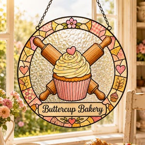 Custom Baker Suncatcher, Personalized Rolling Pin Cupcake Window Hanging, Bakery Kitchen Gift, Light Catching Home Decor