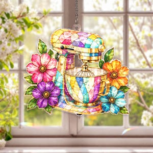 Baking Mixer Acrylic Suncatcher, Colorful Kitchen Window Hanging, Baker Gift, Floral Baking Decor for Kitchen Lover, Bakery Owners Gift Idea
