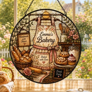 Round Suncatcher Bakery Apron Bread and Pastry Window Decor, Floral Kitchen Sun Catcher for Baking Room, Baker Gift Idea, Bakery Suncatcher