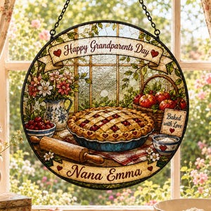 Personalized Round Suncatcher with Grandparents Day Pie Baking Scene, Stained Glass Style Kitchen Window Decor Gift for Nana Grandma Baker