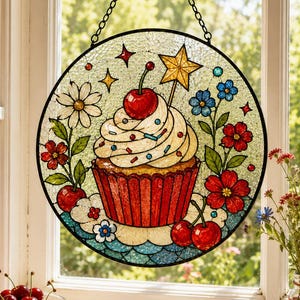 Cherry Cupcake Suncatcher, Floral Kitchen Window Decor, Sweet Bakery Gift, Cottage Kitchen Decor, Dessert Lover Gift, Sweet Treat Decor