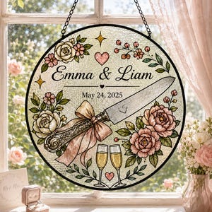 Personalized Wedding Suncatcher, Floral Cake Knife Window Decor, Champagne Toast Bridal Shower Gift, Couple Keepsake Decor, Couple Keepsake