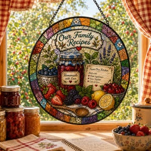 Family Recipes Suncatcher, Fruit Jam Kitchen Window Decor, Homemade Baking Gift, Farmhouse Kitchen Decor, Family Recipes, Jam Jar Decor