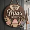 Personalized Bakery Wood Sign with Rotating Status, Kitchen Door Hanger, Baker Gift, Pastry Chef Decor, Whisk & Rolling Pin Wooden Plaque