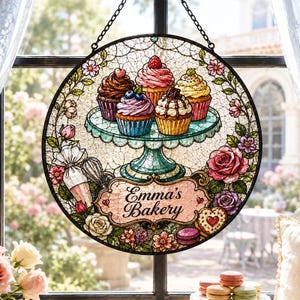 Round Suncatcher With Cupcakes And Floral Bakery Theme,Window Hanging Suncatcher For Kitchen Cafe Decor,Sweet Baker Gift,Round Suncatcher