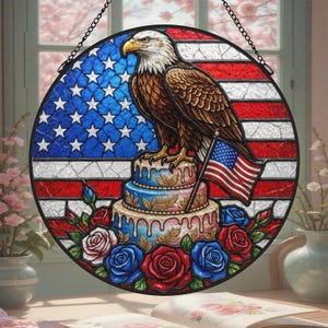 July 4th, US Independence Day Commemoration: Suncatcher, 250th Anniversary, Eagle Cake American Flag Red, White, and Blue Decorative Gift