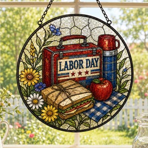 Labor Day Picnic Suncatcher, Patriotic Lunch Window Decor, Summer Holiday Gift, Kitchen Breakfast Nook Decor, Labor Day Decor